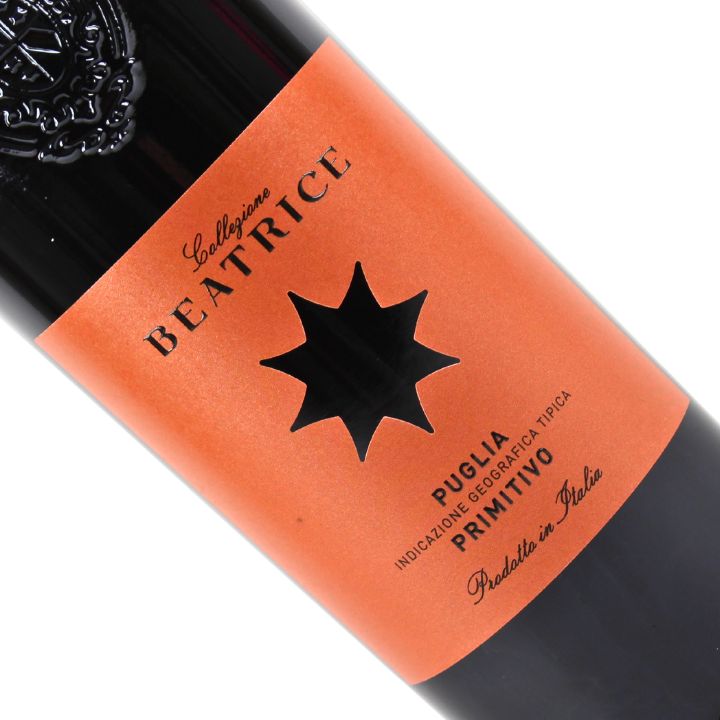 Wine bottle labeled 'Beatrice' with an orange label and black star design.