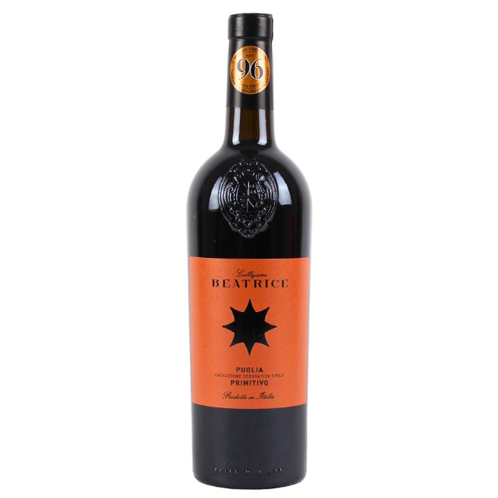 Pirovano Beatrice Primitvo Wine bottle with an orange label featuring a black star on a white background