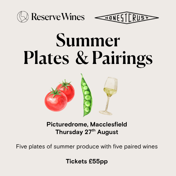 Promotional graphic for 'Summer Plates & Pairings' by Reserve Wines and Honest Crust, featuring watercolor illustrations of tomatoes, a pea pod, and a wine glass on a light beige background with event details and ticket pricing.