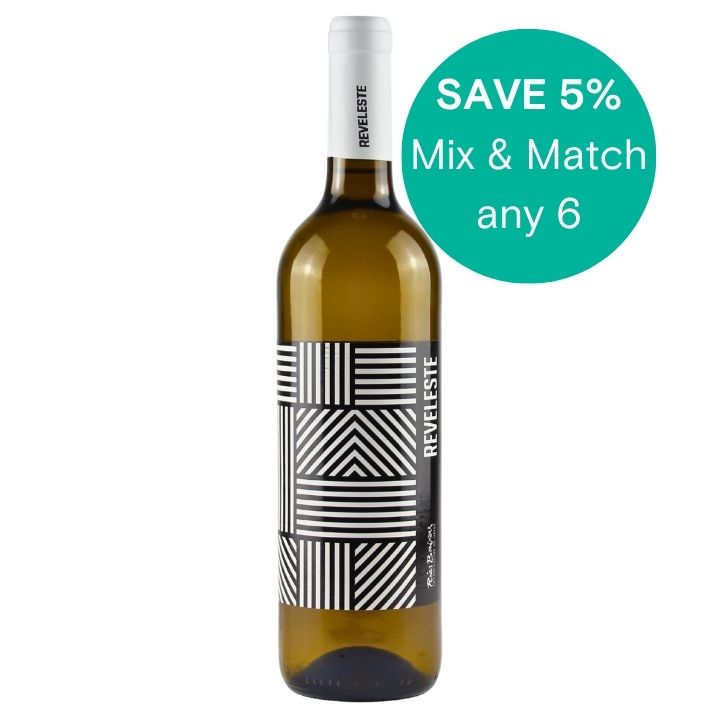 Reveleste Albarino with geometric label on a white background, featuring save 5% mix and match any 6 promotional offer.
