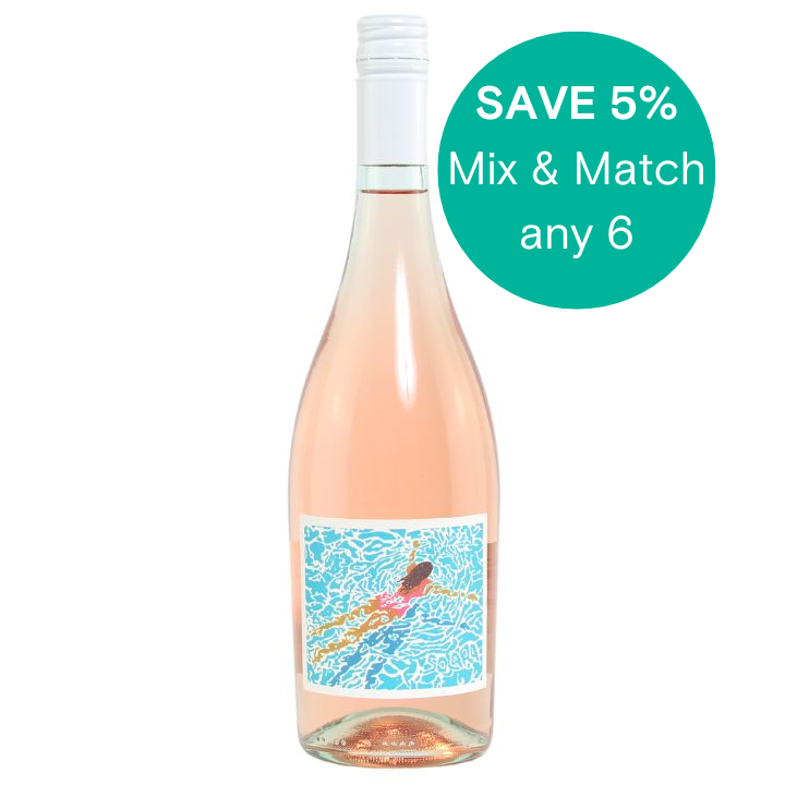 A bottle of Solara Rose 2023 wine with a label featuring a colorful design. The image includes a text overlay indicating a 5% saving with a 'Mix & Match' offer on any 6 bottles.