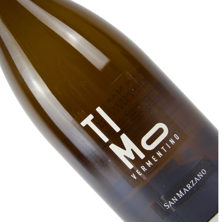Wine bottle labeled &#39;Timo Vermentino&#39; by &#39;San Marzano&#39; on a white background