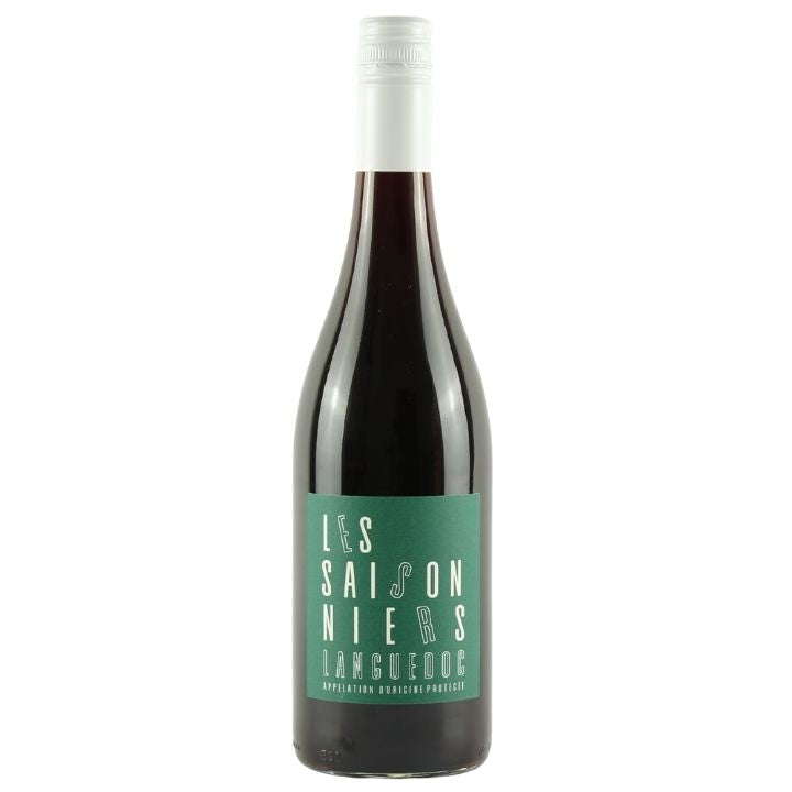 A bottle of Les Saisonniers Languedoc red wine with a dark green label and a white screw cap, shown against a plain white background.