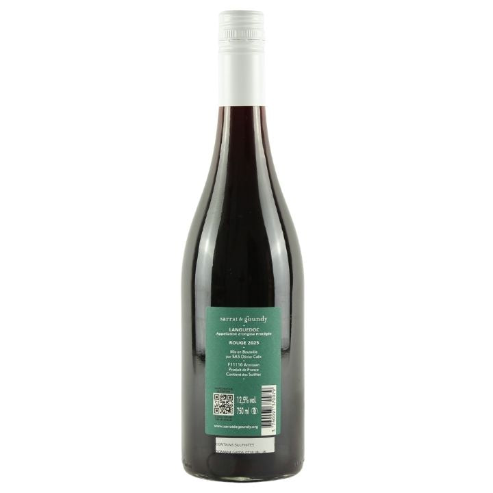 A bottle of Sarrat De Goundy les Saisonniers Rouge Languedoc red wine with a dark glass body, a white screw cap, and a green label on a plain white background.