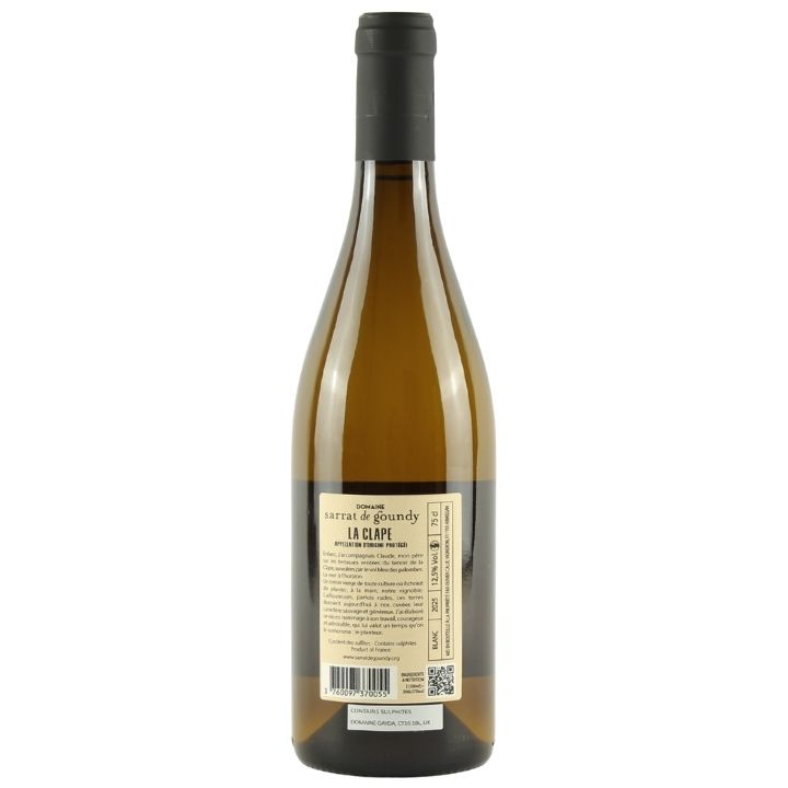 A bottle of Sarrat de Goundy, Le Planteur Blanc 2025 La Clape white wine, shown from the back against a plain white background.