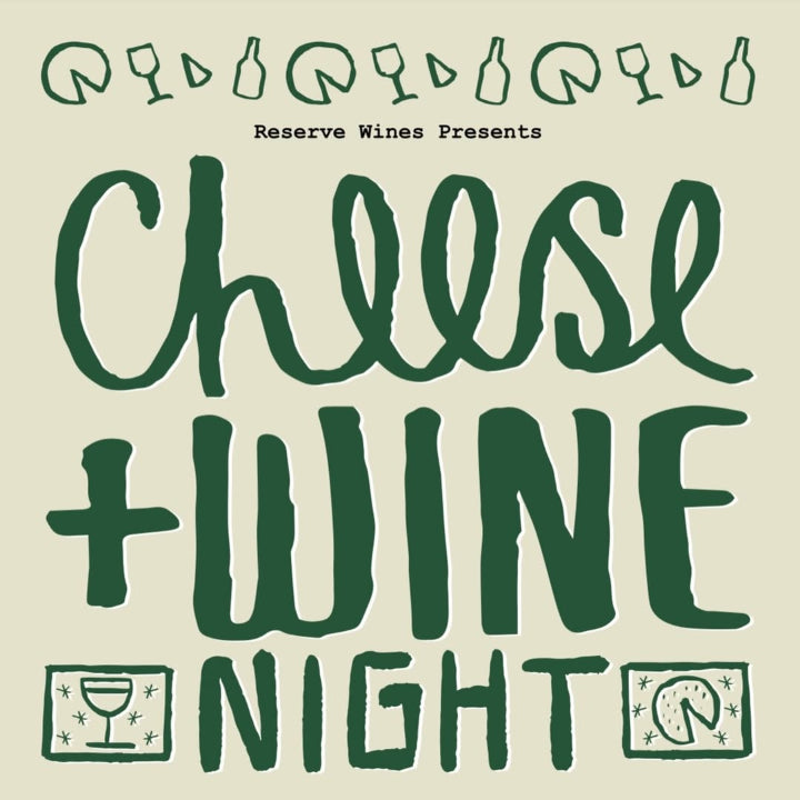 Promotional graphic for Cheese &amp; Wine Night event At Reserve Wines Altrincham Market House with green text on a beige background