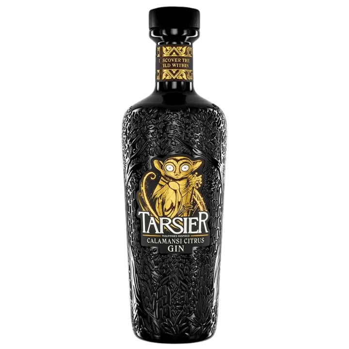 Black gin bottle with gold design and 'Tarsier' branding on a white background
