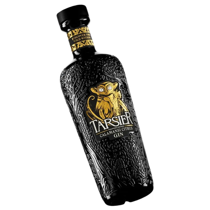 Black gin bottle with gold label featuring an owl design on a white background