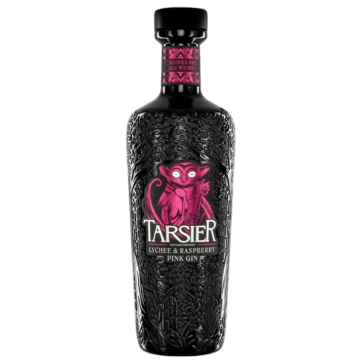 Bottle of Tarsier Pink Gin with intricate design and pink label on a white background