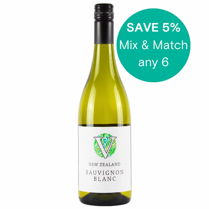 Bottle of Vindependents New Zealand Sauvignon Blanc with a promotional 5% off 6 mix and match offer on a white background