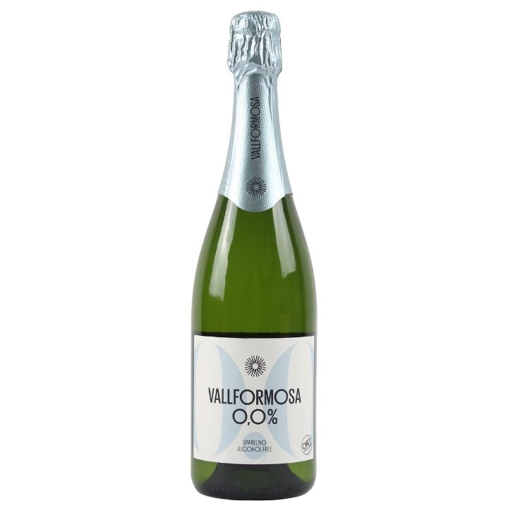 Green bottle of Vallformosa 0.0% alcohol free sparkling wine on a white background