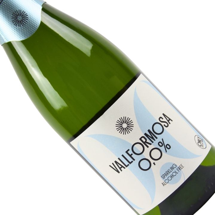 Bottle of Vallformosa sparkling alcohol-free wine with a blue label on a white background
