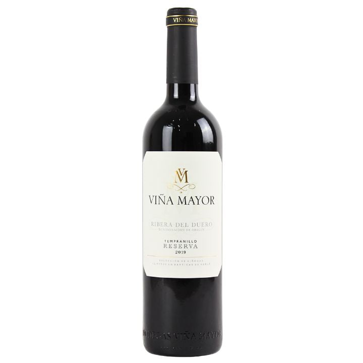 Wine bottle with 'Vina Mayor Ribero Del Duero Reserva' label on a white background