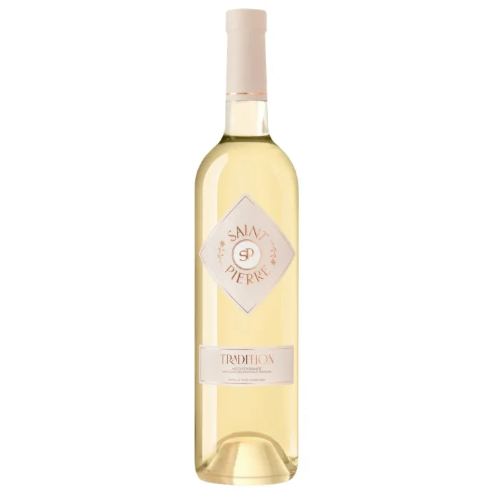 Bottle of white wine with a visible brand label on a white background