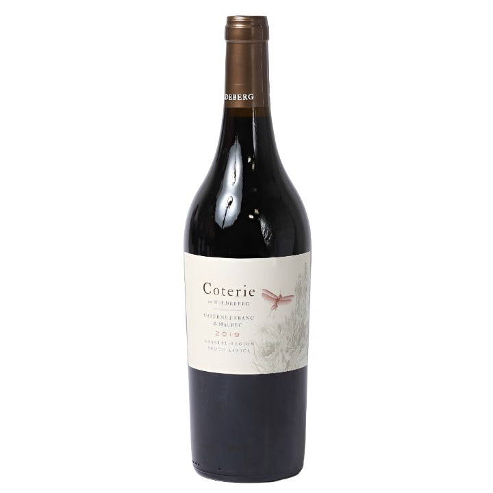 A bottle of Coterie by Wildeberg, Cabernet Franc Malbec 2023 red wine with a label that includes the wine name and the year. The bottle is upright and the label is positioned towards the bottom.