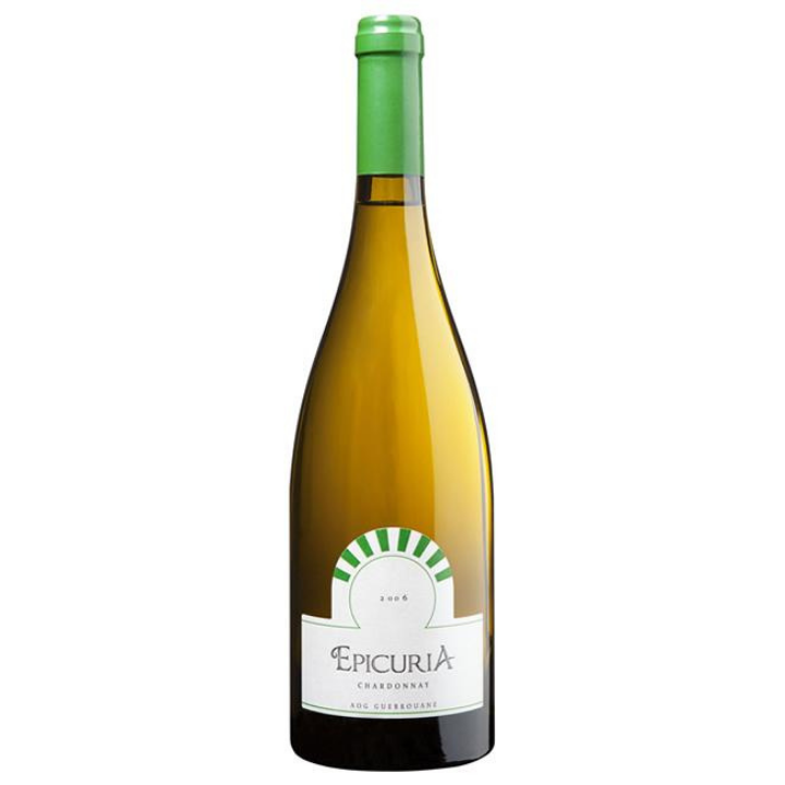 Bottle of Domaine la Zouina 'Epicuria' Chardonnay 2023 wine with a green cap and label featuring the brand name and wine variety.