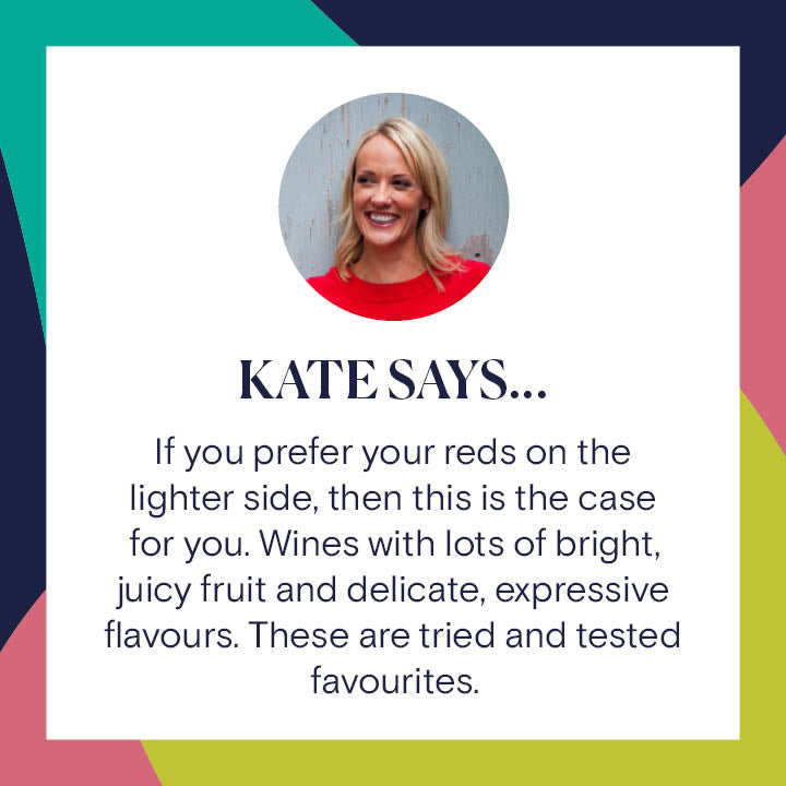 Reserve Wines Bright &amp; Juicy Red Wine Case. Kate Says: &quot;If you prefer your reds on the lighter side, then this is the case for you. Wines with lots of bright, juicy fruit and delicate, expressive flavours. These are tried and tested favourites. &quot;