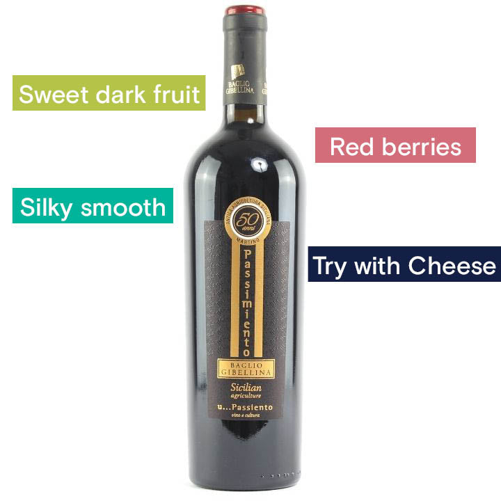 Bottle and Notes Baglio Passimiento - Sweet Dark Fruit, Red Berries, Silky Smooth, Try With Cheese