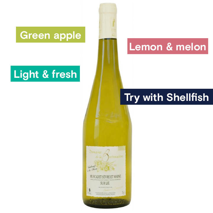 Domaine de la Bretonniere, Muscadet Sevre et Maine sur Lie. 2021.Notes Green apple, Lemon &amp; Melon, Light &amp; Fresh, Try with Shellfish.