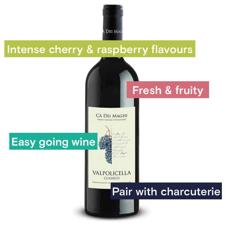 Intense cherry &amp; raspberry flavours, fresh &amp; fruity, easy going wine, pair with charcuterie.