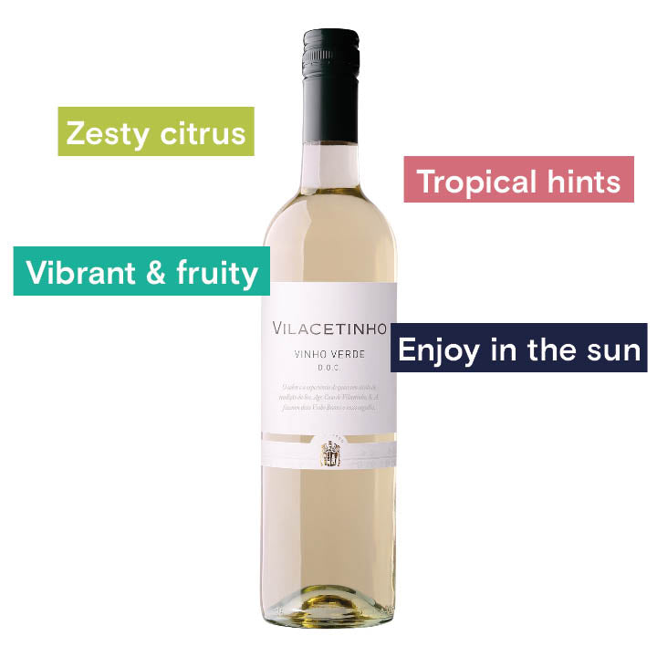 Casa de Vilacetinho, Vinho Verde 2021. Notes: Zesty Citrus, tropical hints, vibrant &amp; fruity, Enjoy in the Sun.