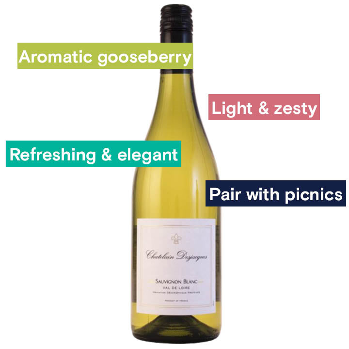 Reserve Wines Kate says: Chatelain-Desjacques, Sauvignon Blanc IGP. 2020. Nots: Aromatic goosberry, light &amp; zesty, refreshing &amp; elegant, pair with picnics