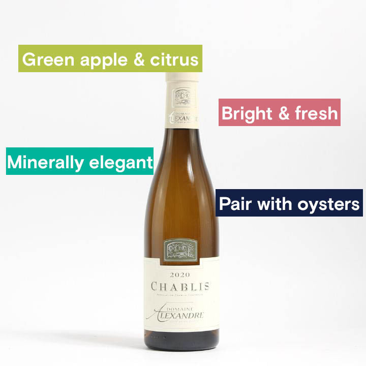 Reserve Wines. Domaine Alexandre Chablis 2020 (37.5cl) Notes. Green apple &amp; citrus, Bright &amp; Fresh, Minerally elegant, pair with oysters