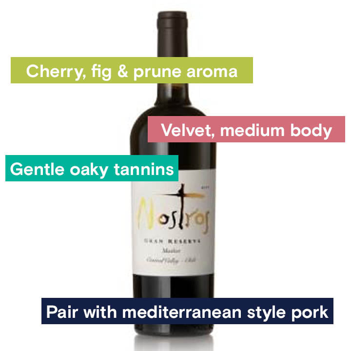 Cherry, fig &amp; prune aroma, velvet medium body, gentle oaky tannins, pair with mediterranean style pork.