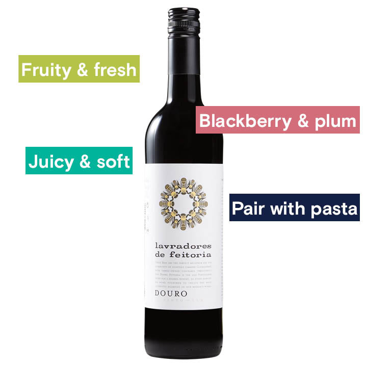 Lavradores de Feitoria, Douro Tinto 2019. Notes: Fruity &amp; fresh, Blackberry &amp; plum, Juicy &amp; soft, pair with pasta