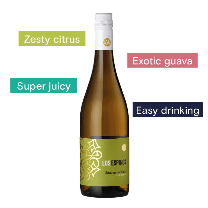 Los Espinos Sauvignon Blanc 2021 Notes on coloured rectangles around the bottle: Zesty Citrus, Exotic guava, Super juicy, Easy Drinking