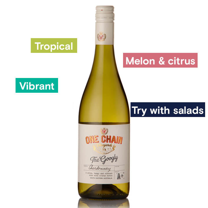 One Chain, The Googly Chardonnay 2021. Tropical, Melon &amp; Citrus, Vibrant, Try With Salads