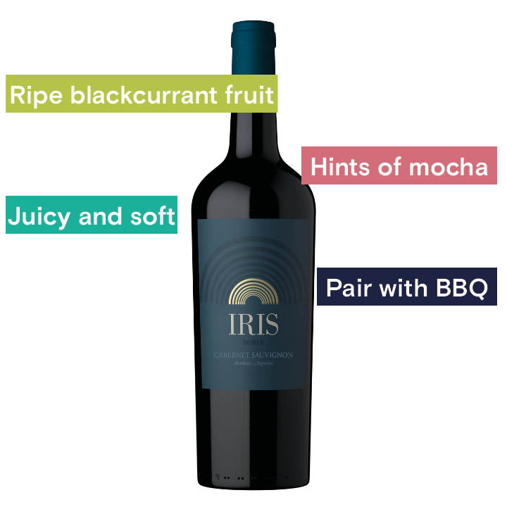 Staphyle, Iris Doble Cabernet Sauvignon 2020. Notes: Ripe Blackcurrant fruit, Hints of mocha, Juicy and soft, pair with BBQ food