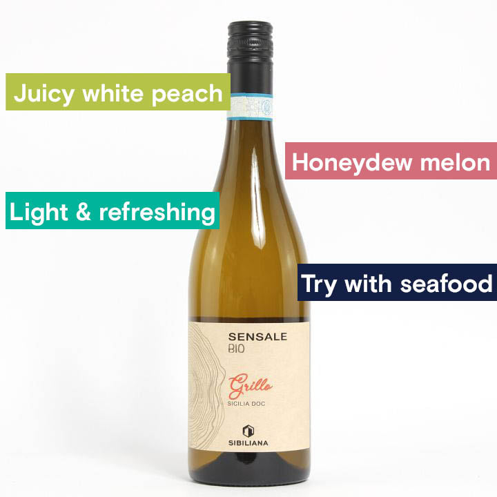 Sensale Grillo Organic 2021. Notes: Juicy White Peach, Honeydew melon, Light &amp; Refreshing, Try with Seafood